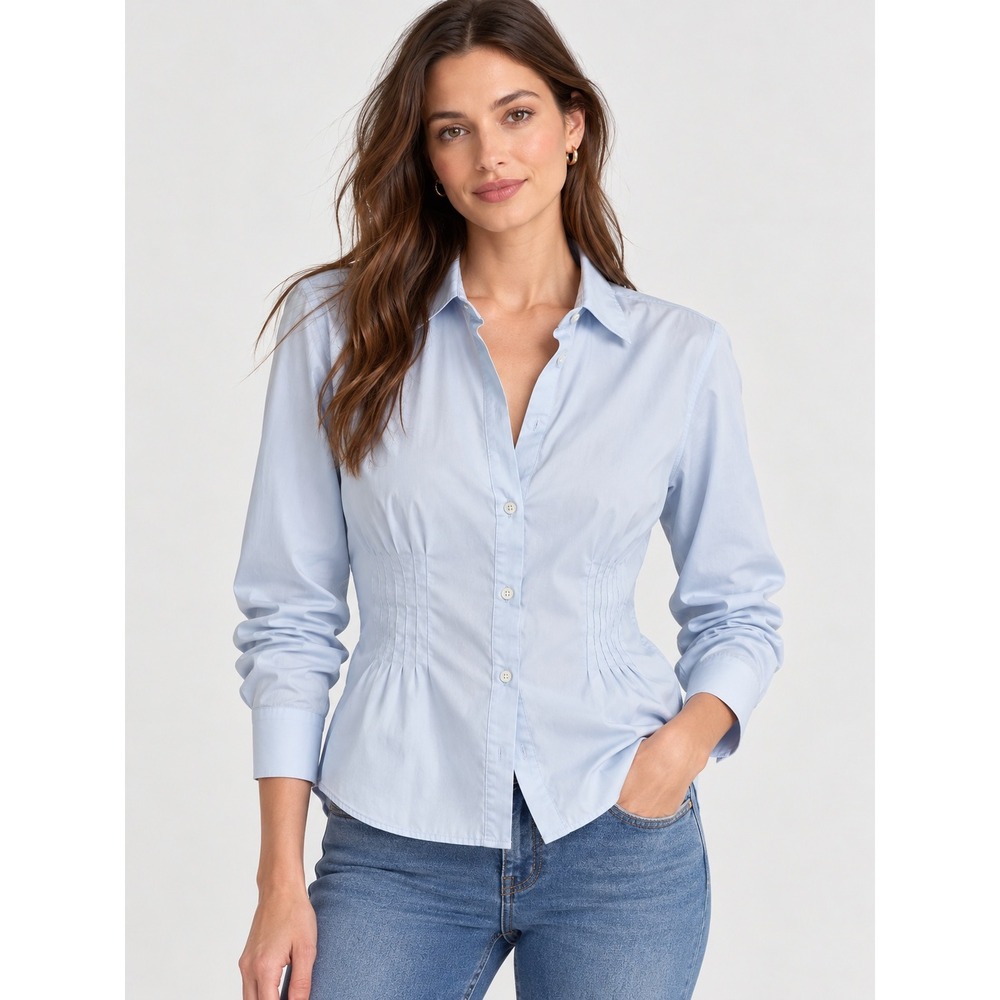 Theory Radina Light Blue Pintuck Waist Stretch Cotton Blouse Shirt Women Size M